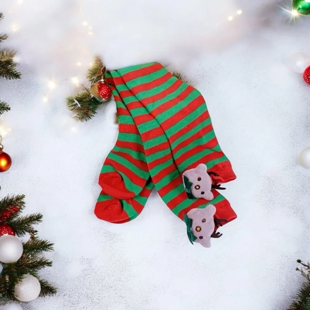 Plush Reindeer Christmas Over-the-Knee Socks Red & Green Striped, Soft Polyester